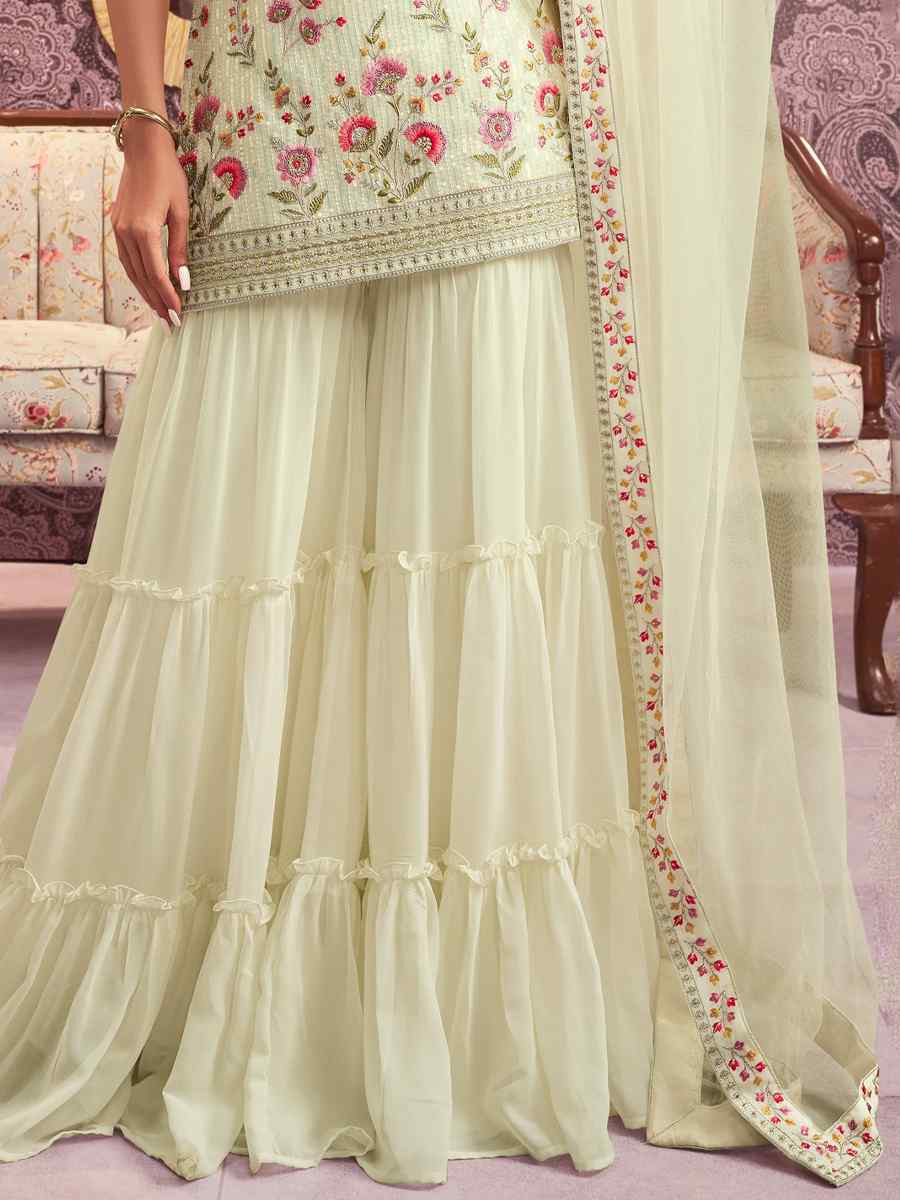 White Heavy Faux Georgette Embroidered Festival Wedding Sharara Pant Salwar Kameez