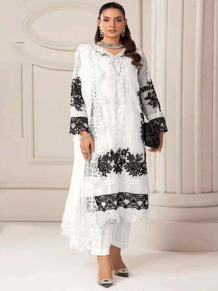White Heavy Fuax Georgette Embroidered Festival Wedding Pant Salwar Kameez