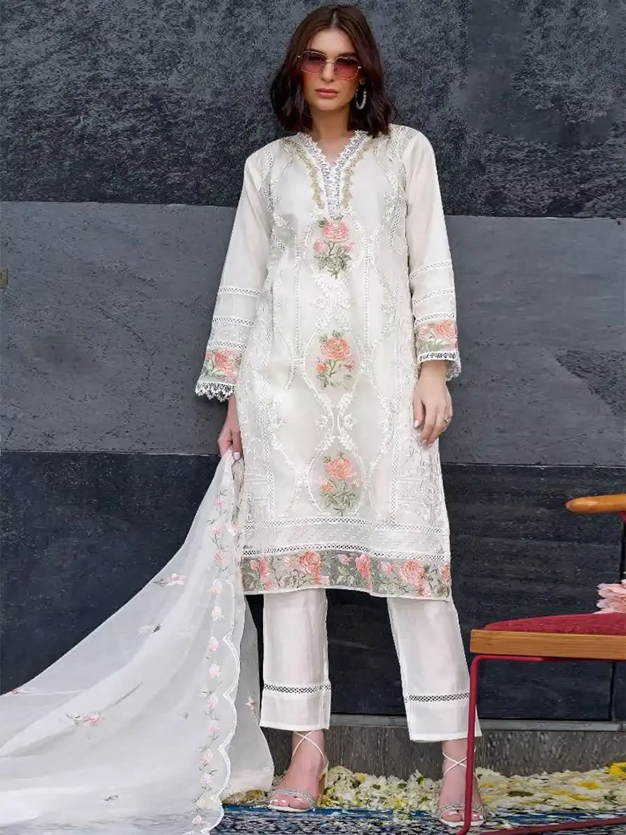 White Heavy Organza Embroidered Festival Casual Pant Salwar Kameez