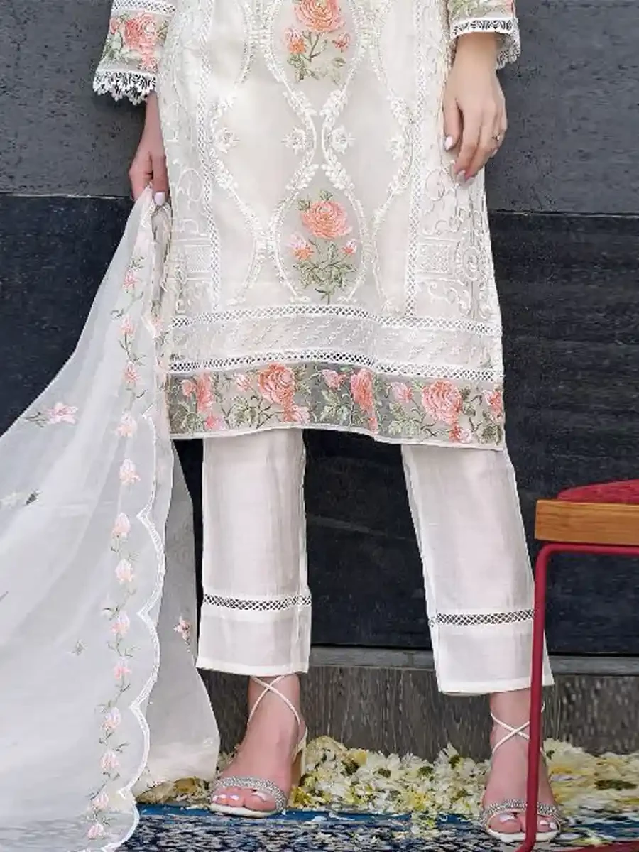 White Heavy Organza Embroidered Festival Casual Pant Salwar Kameez