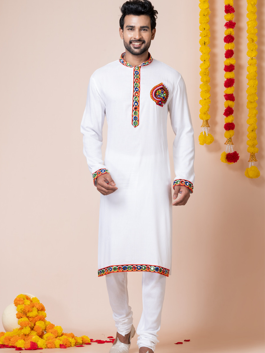 White Heavy Rayon Embroidered Festival Wedding Kurta