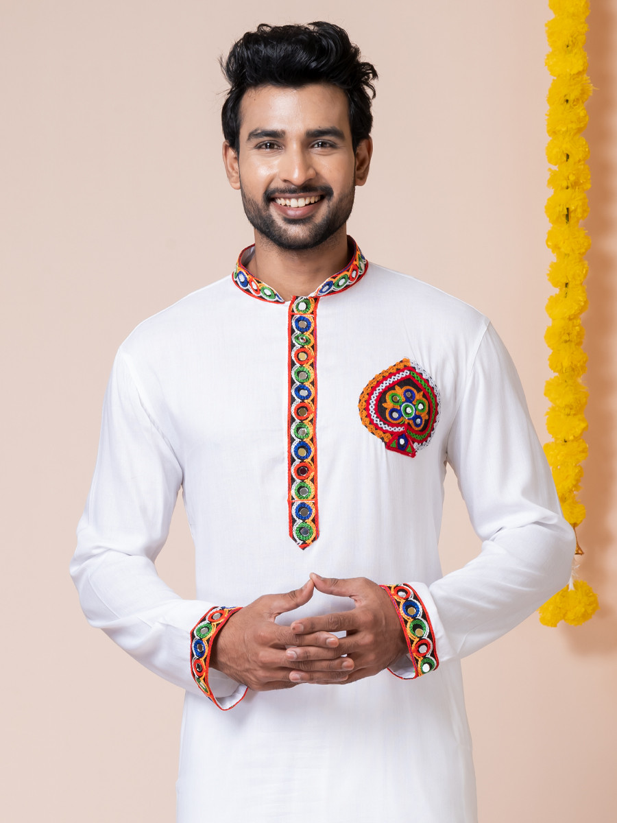 White Heavy Rayon Embroidered Festival Wedding Kurta