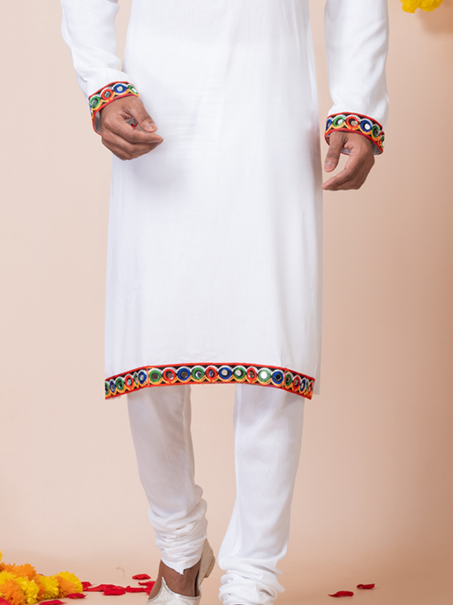 White Heavy Rayon Embroidered Festival Wedding Kurta