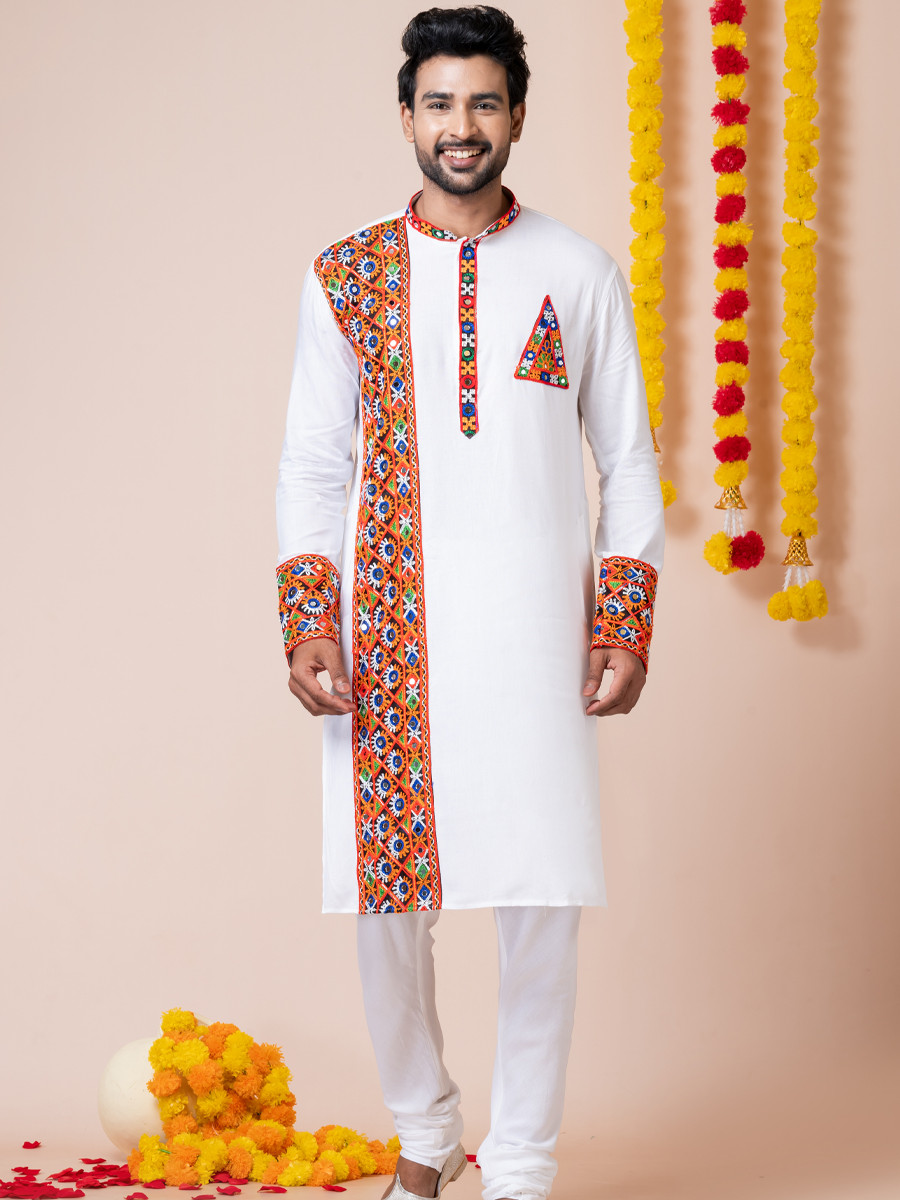 White Heavy Rayon Embroidered Festival Wedding Kurta