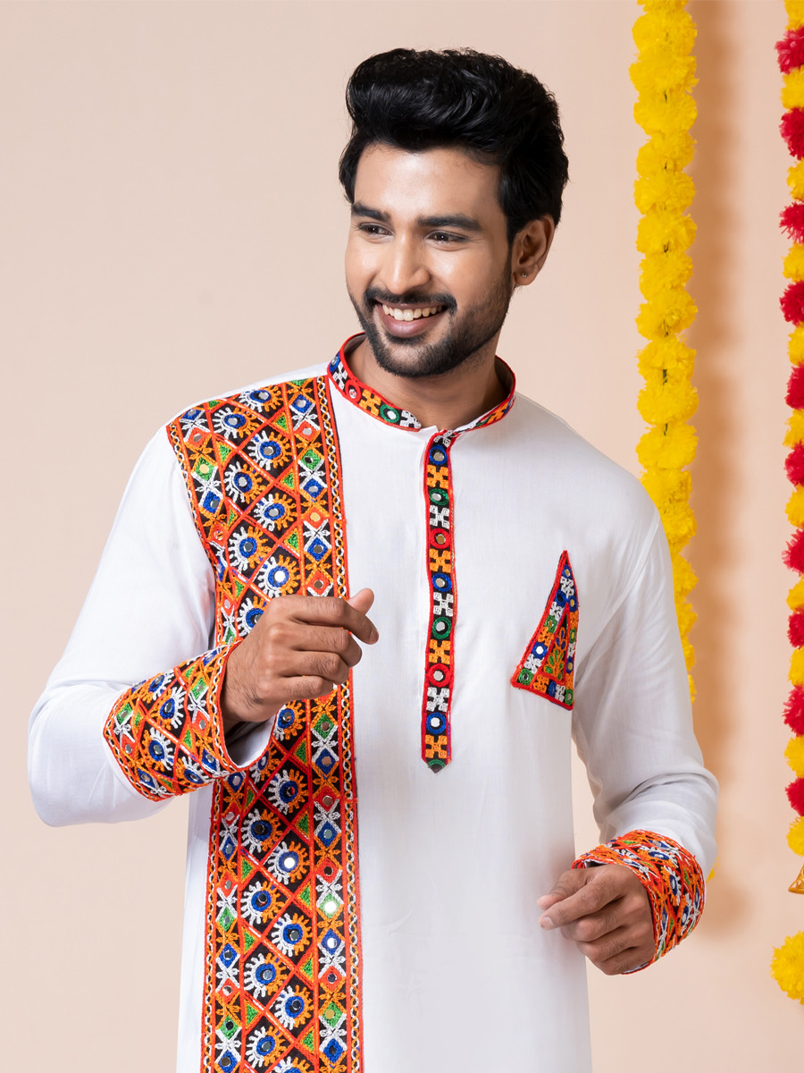 White Heavy Rayon Embroidered Festival Wedding Kurta