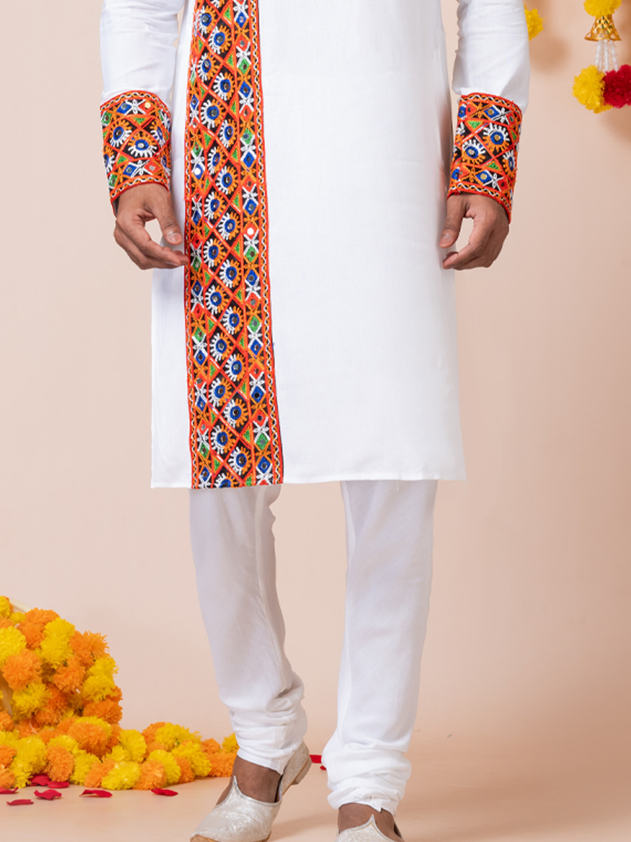 White Heavy Rayon Embroidered Festival Wedding Kurta