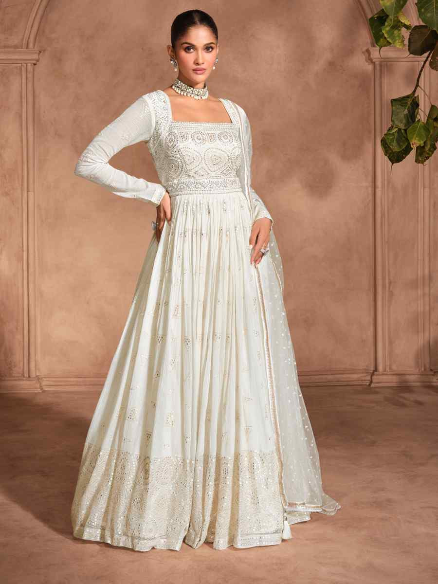 White Heavy Real Georgette  Embroidered Festival Casual Gown