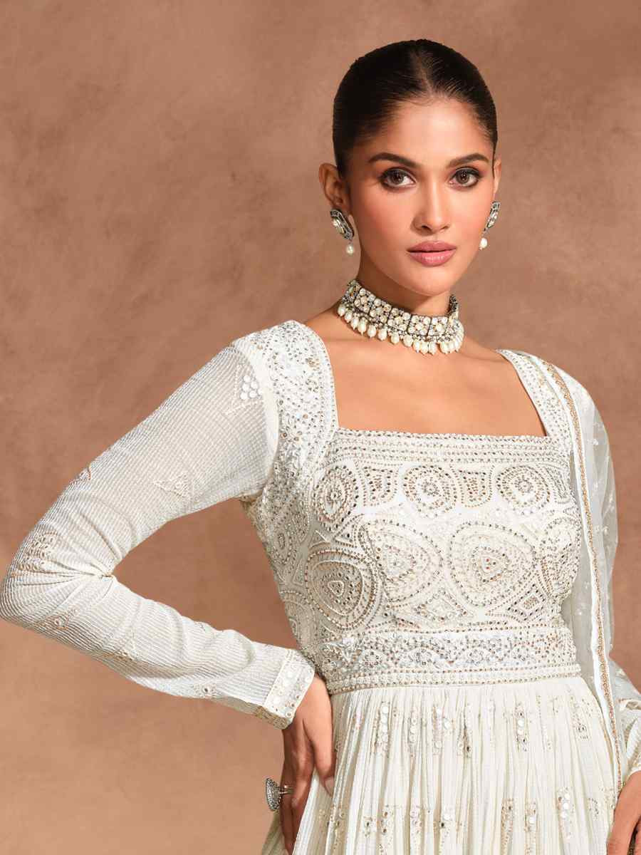 White Heavy Real Georgette  Embroidered Festival Casual Gown