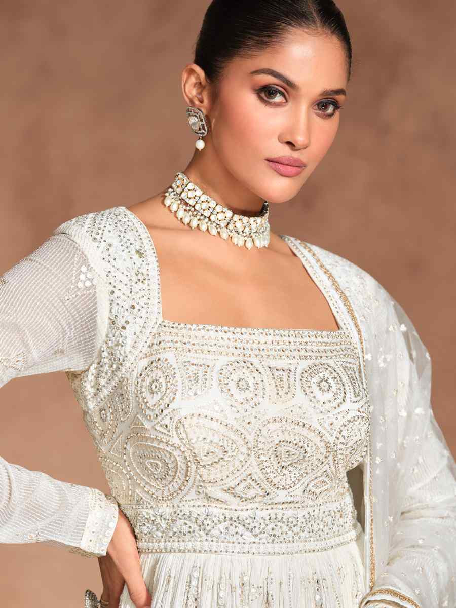 White Heavy Real Georgette  Embroidered Festival Casual Gown