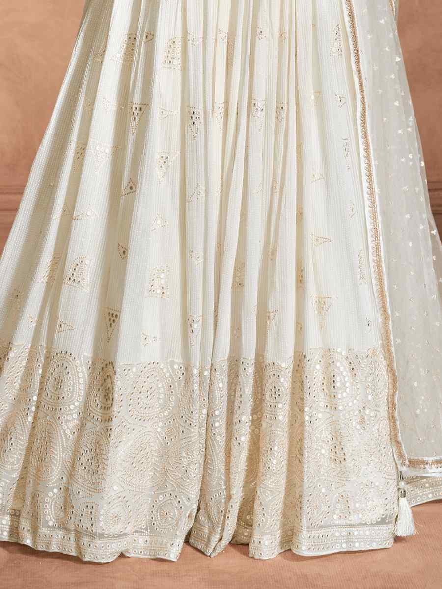 White Heavy Real Georgette  Embroidered Festival Casual Gown