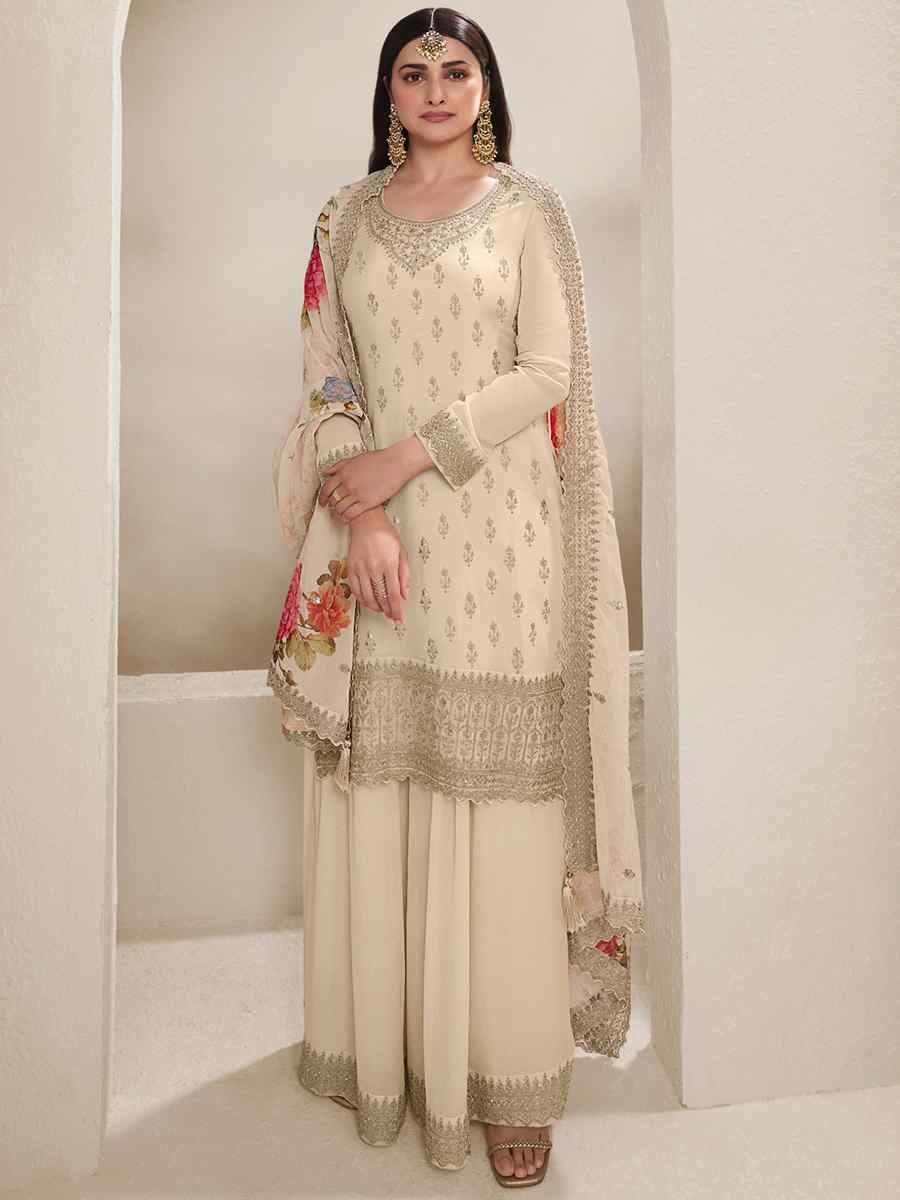 White Heavy Viscose Chinon Embroidered Festival Wedding Sharara Pant Salwar Kameez