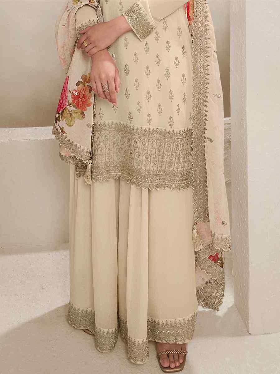 White Heavy Viscose Chinon Embroidered Festival Wedding Sharara Pant Salwar Kameez