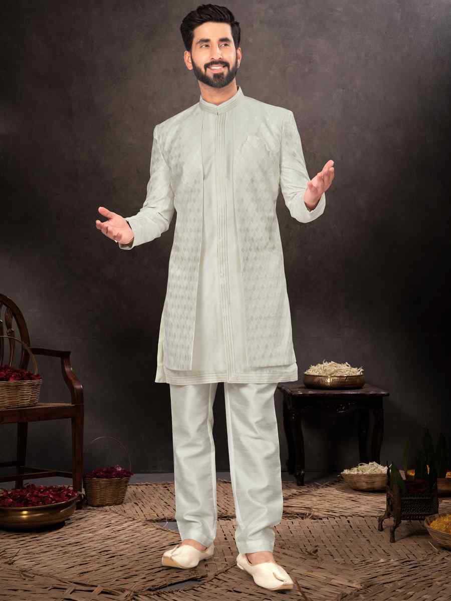 White Jacquard Embroidered Festival Wedding Kurta