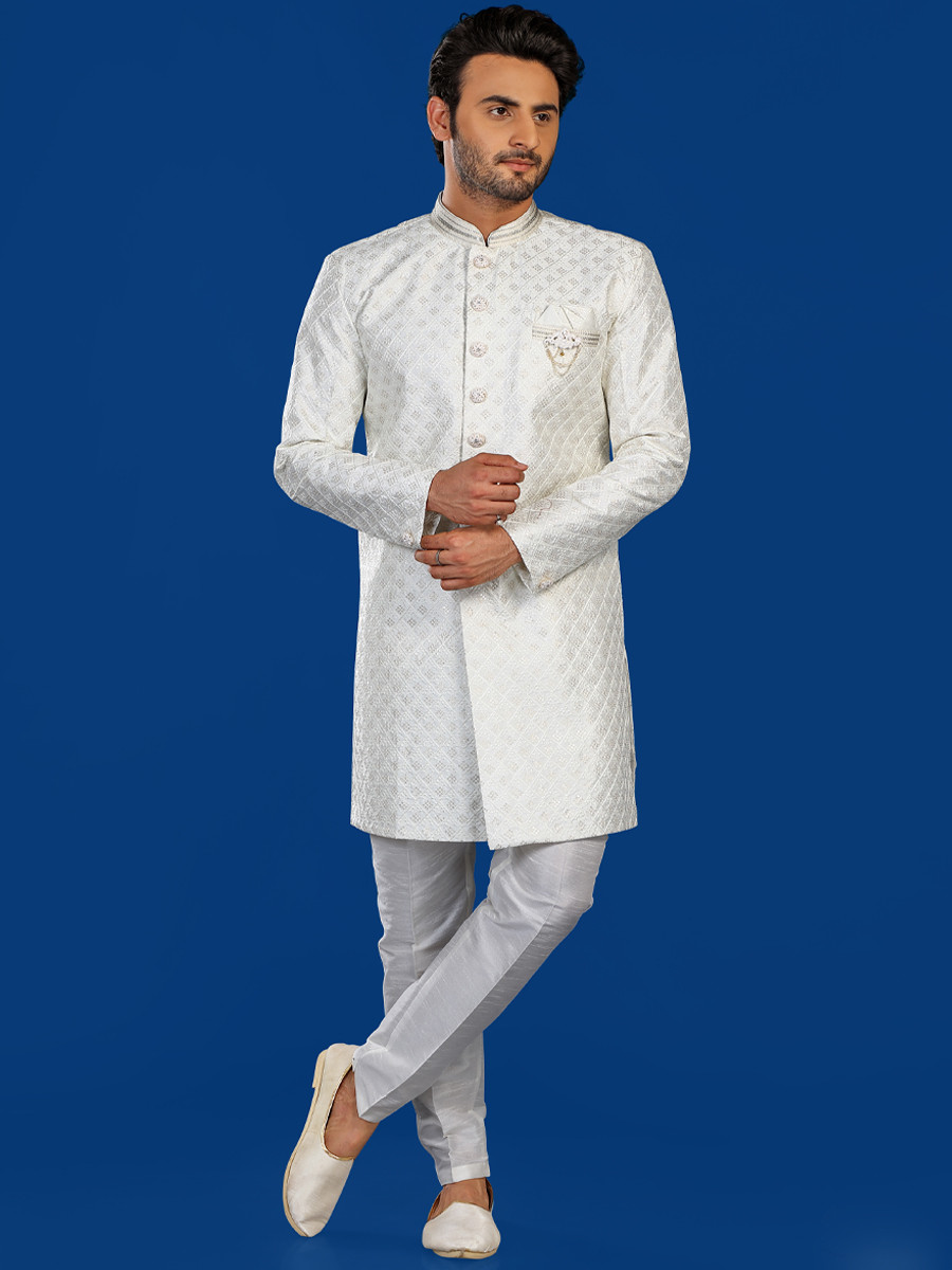 White Jacquard Silk Brocade Embroidered Party Wedding Kurta