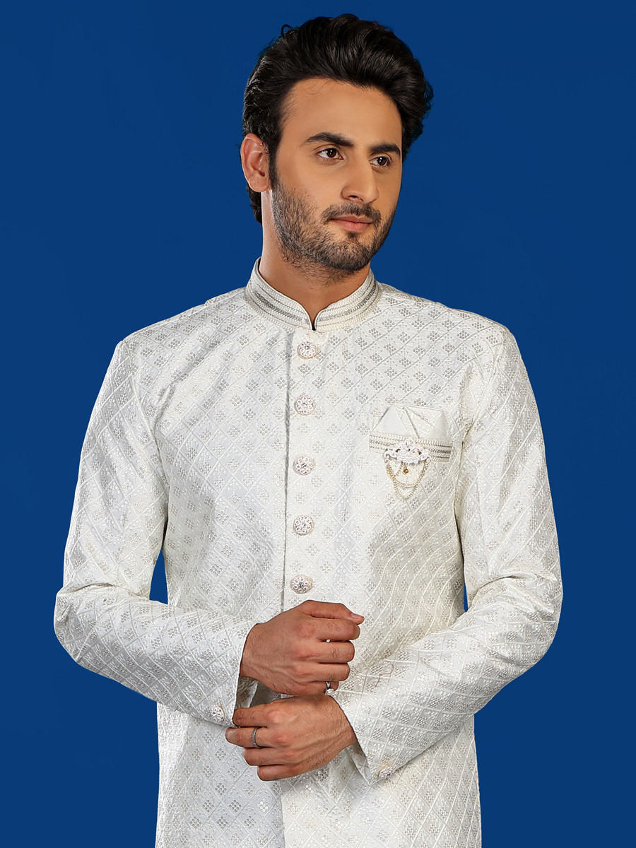 White Jacquard Silk Brocade Embroidered Party Wedding Kurta