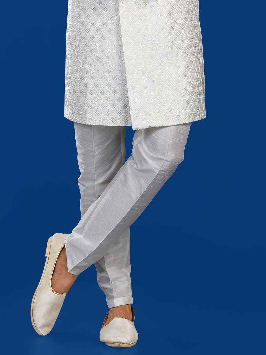 White Jacquard Silk Brocade Embroidered Party Wedding Kurta