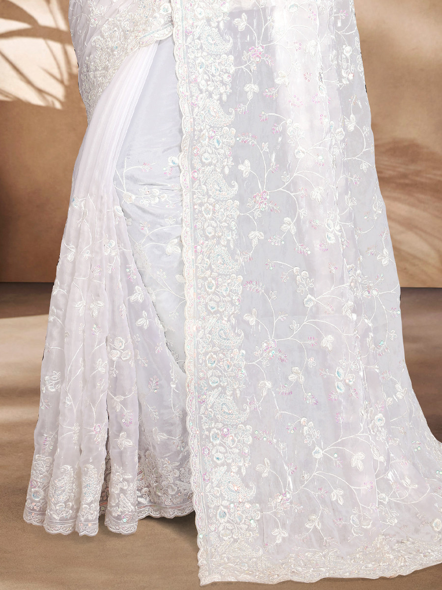 White Jimmy Choo Silk Embroidered Reception Wedding Heavy Border Saree