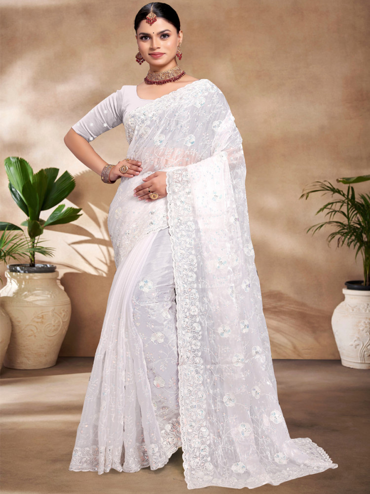 White Jimmy Choo Silk Embroidered Reception Wedding Heavy Border Saree