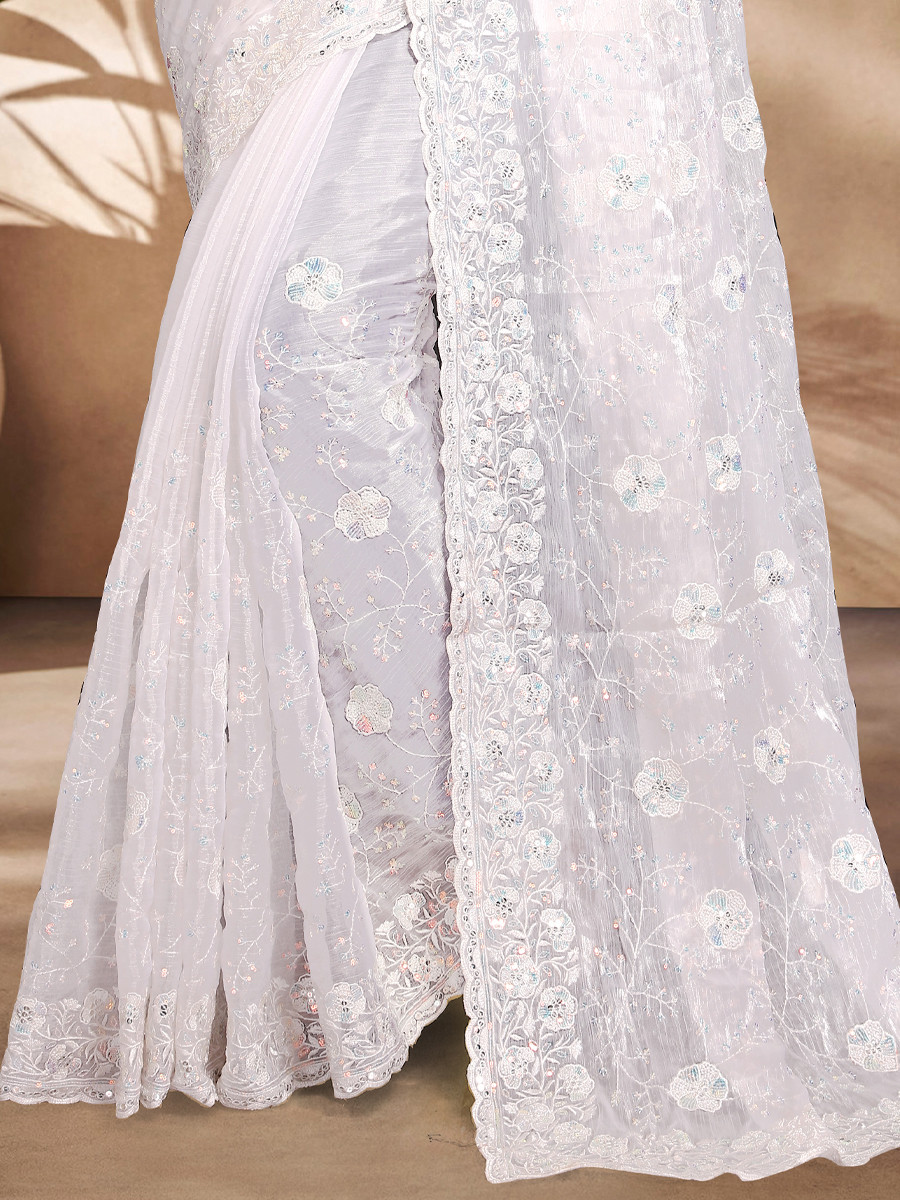 White Jimmy Choo Silk Embroidered Reception Wedding Heavy Border Saree