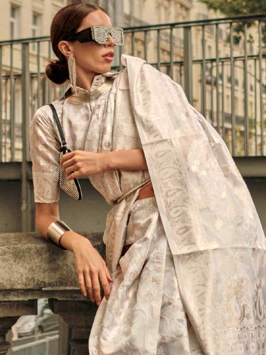 White Lucknowi Organza Handwoven Wedding Festival Heavy Border Saree