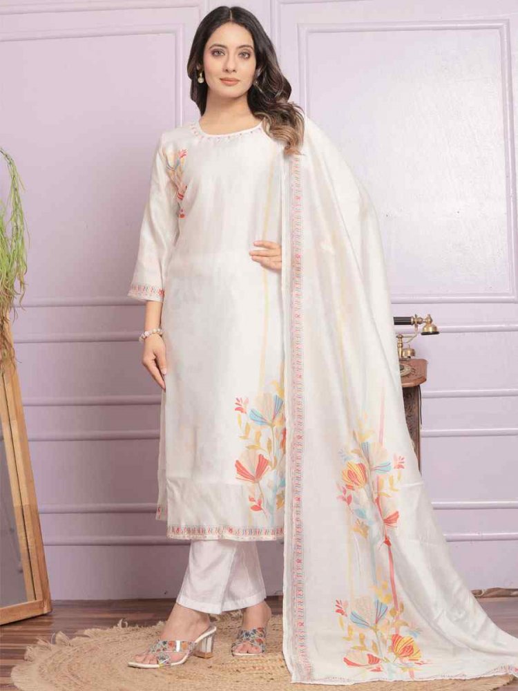 White Modal Silk Embroidered Festival Mehendi Ready Pant Salwar Kameez
