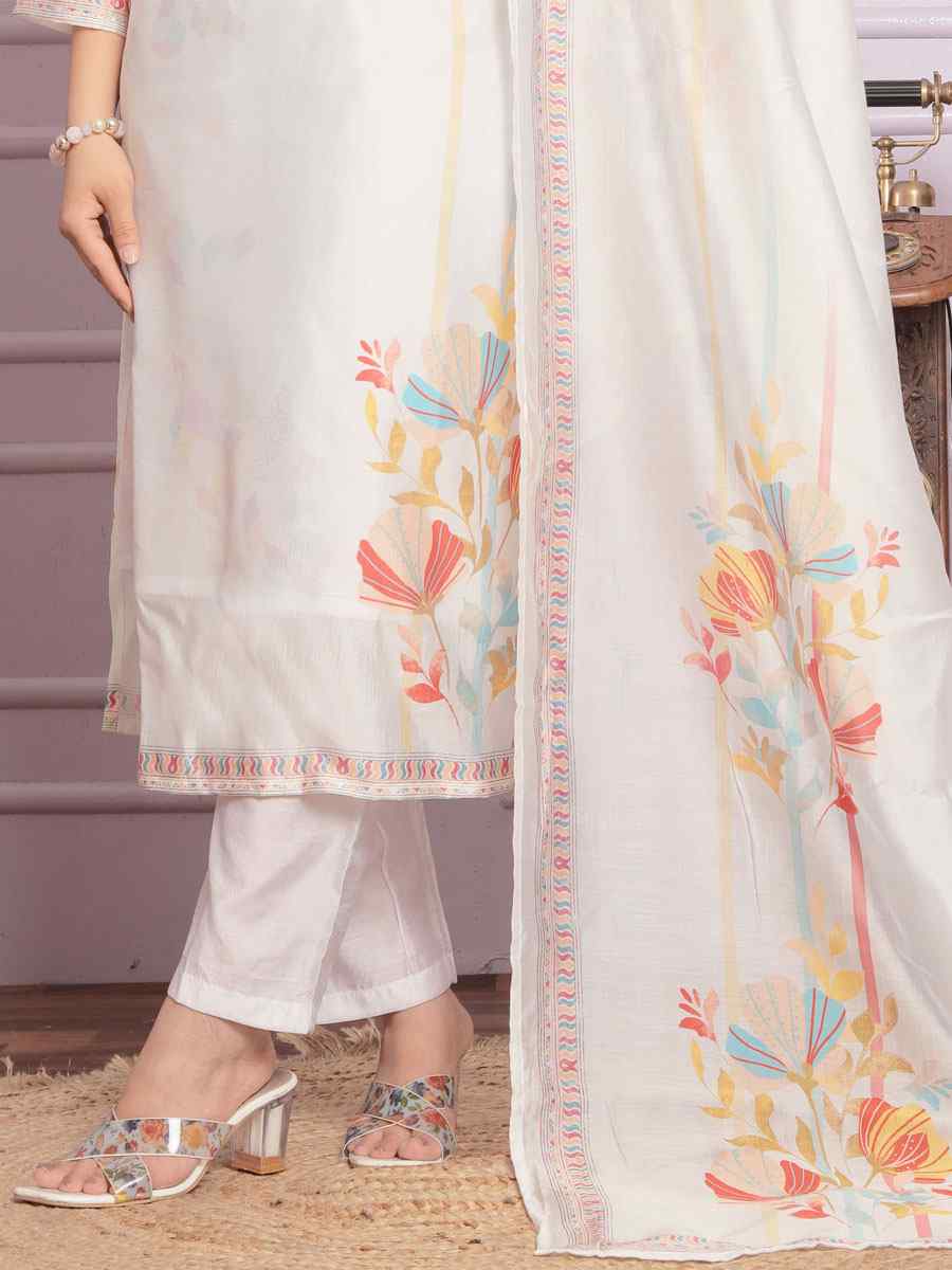 White Modal Silk Embroidered Festival Mehendi Ready Pant Salwar Kameez