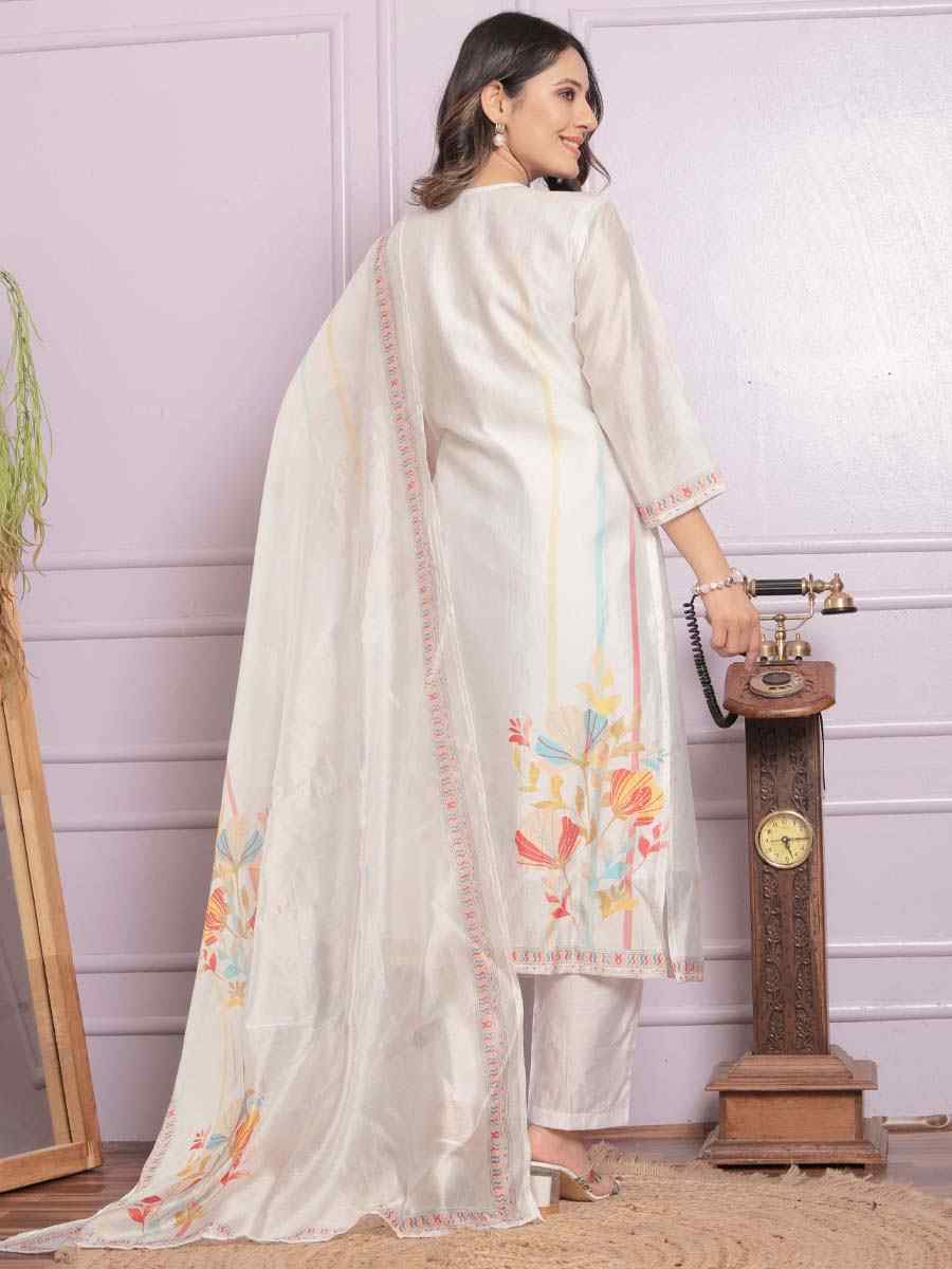 White Modal Silk Embroidered Festival Mehendi Ready Pant Salwar Kameez