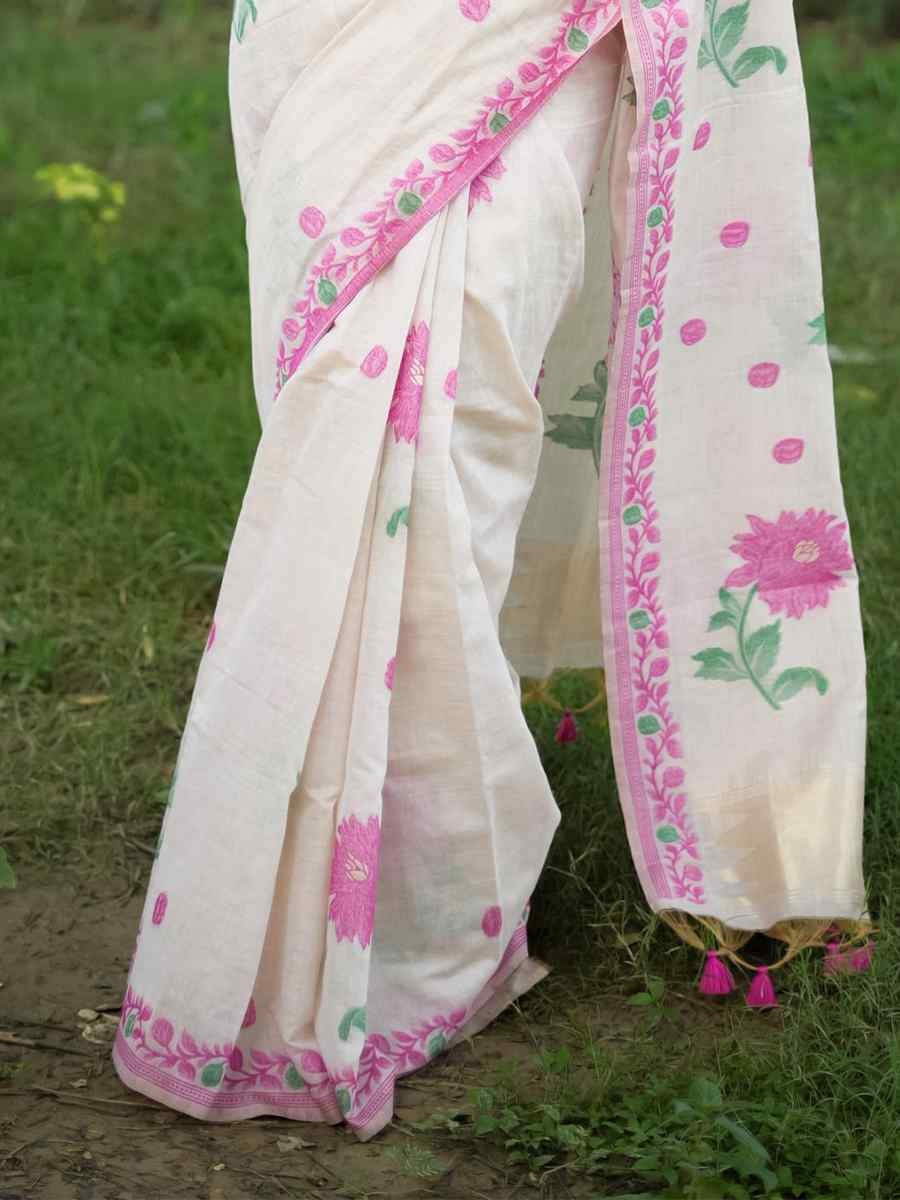 White Muga Cotton Handwoven Festival Casual Classic Style Saree