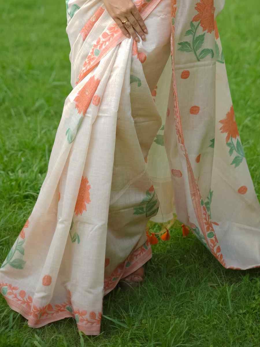 White Muga Cotton Handwoven Festival Casual Classic Style Saree