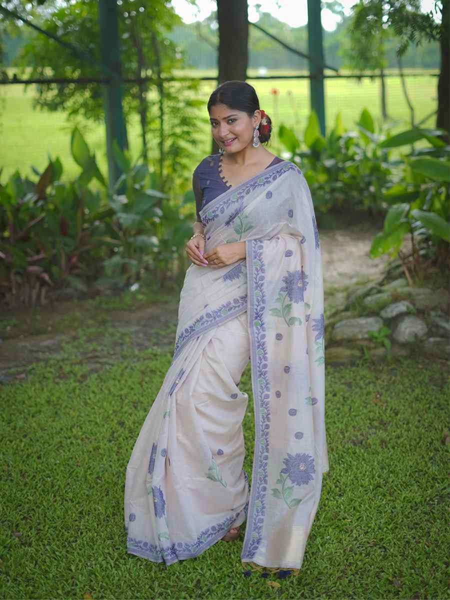 White Muga Cotton Handwoven Festival Casual Classic Style Saree