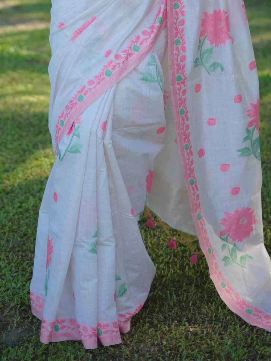 White Muga Cotton Handwoven Festival Casual Classic Style Saree