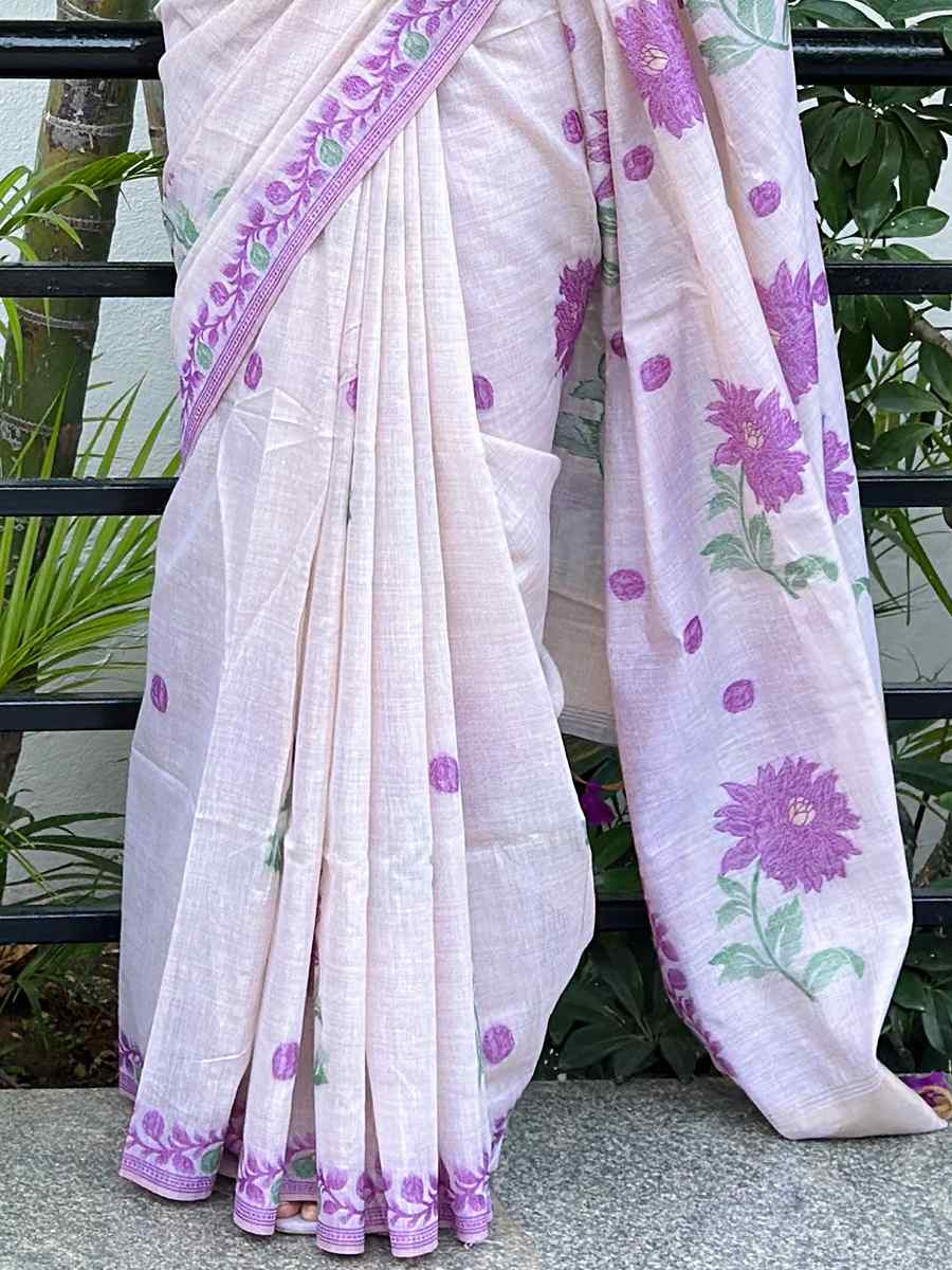 White Muga Cotton Handwoven Festival Casual Classic Style Saree