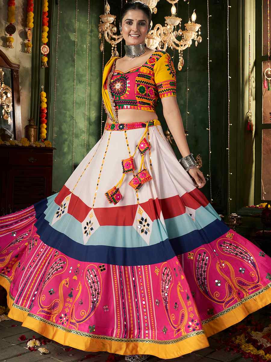 White Muslin Cotton Printed Festival Mehendi Traditional Lehenga Choli