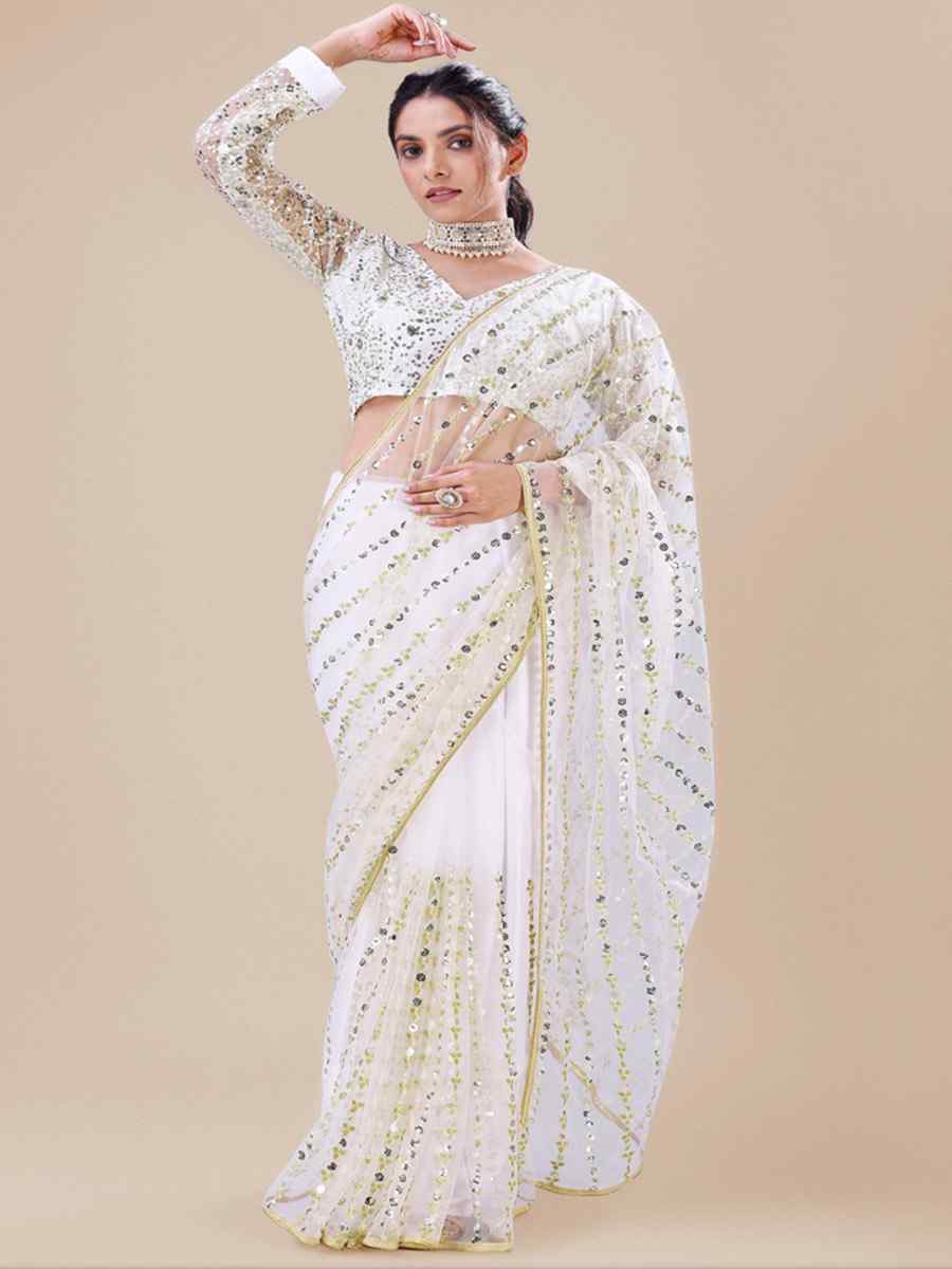 White Net Embroidered Party Festival Heavy Border Saree