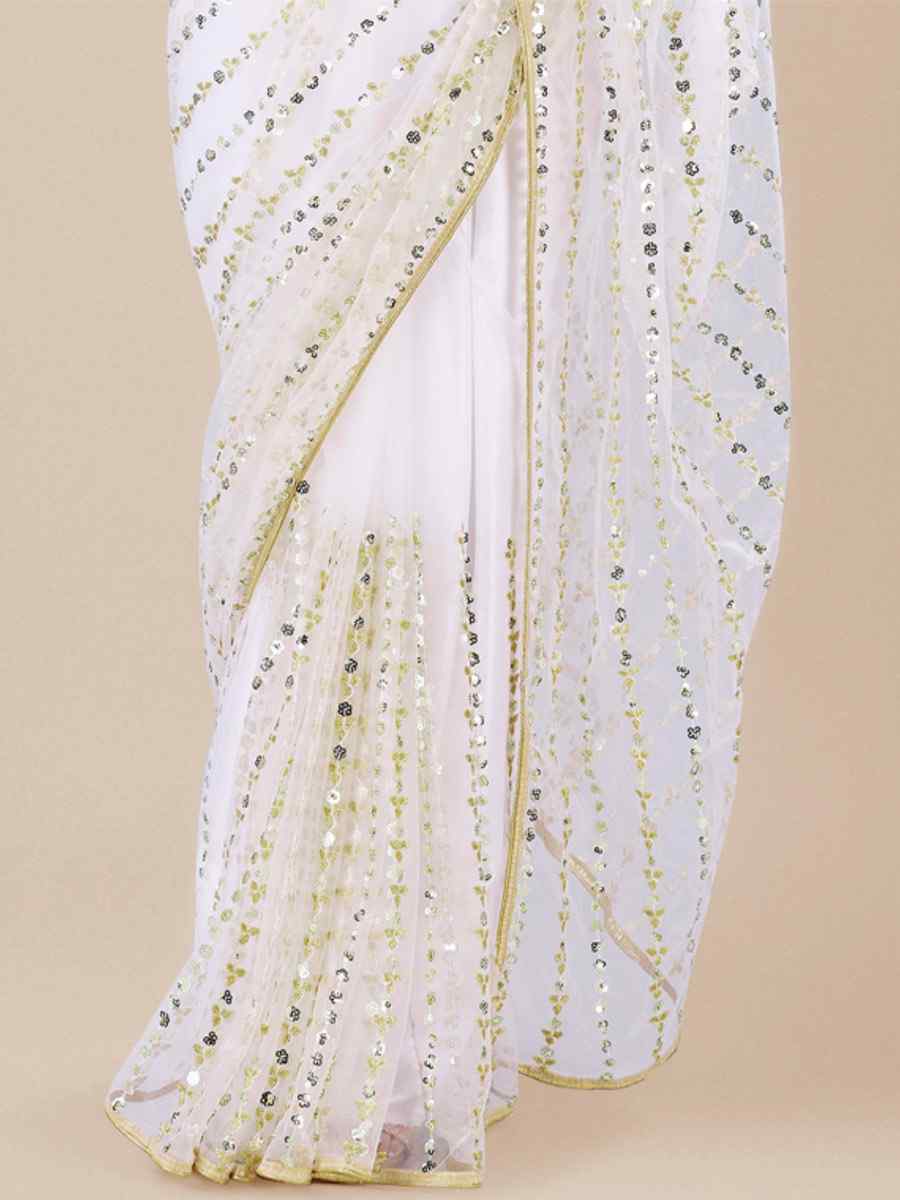 White Net Embroidered Party Festival Heavy Border Saree