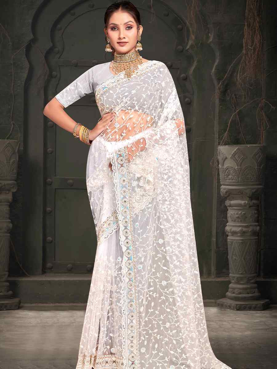 White Net Embroidered Reception Party Heavy Border Saree