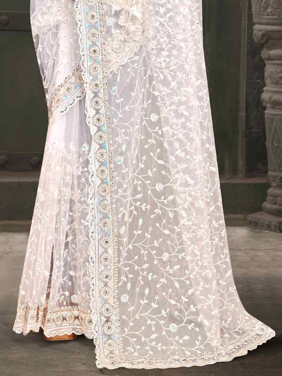 White Net Embroidered Reception Party Heavy Border Saree