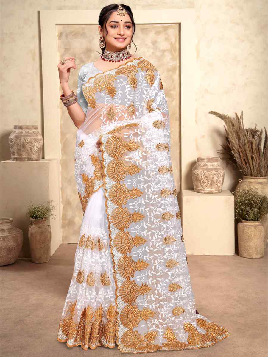 White Net Embroidery Party Wedding Heavy Border Saree