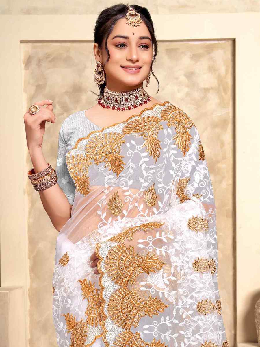 White Net Embroidery Party Wedding Heavy Border Saree