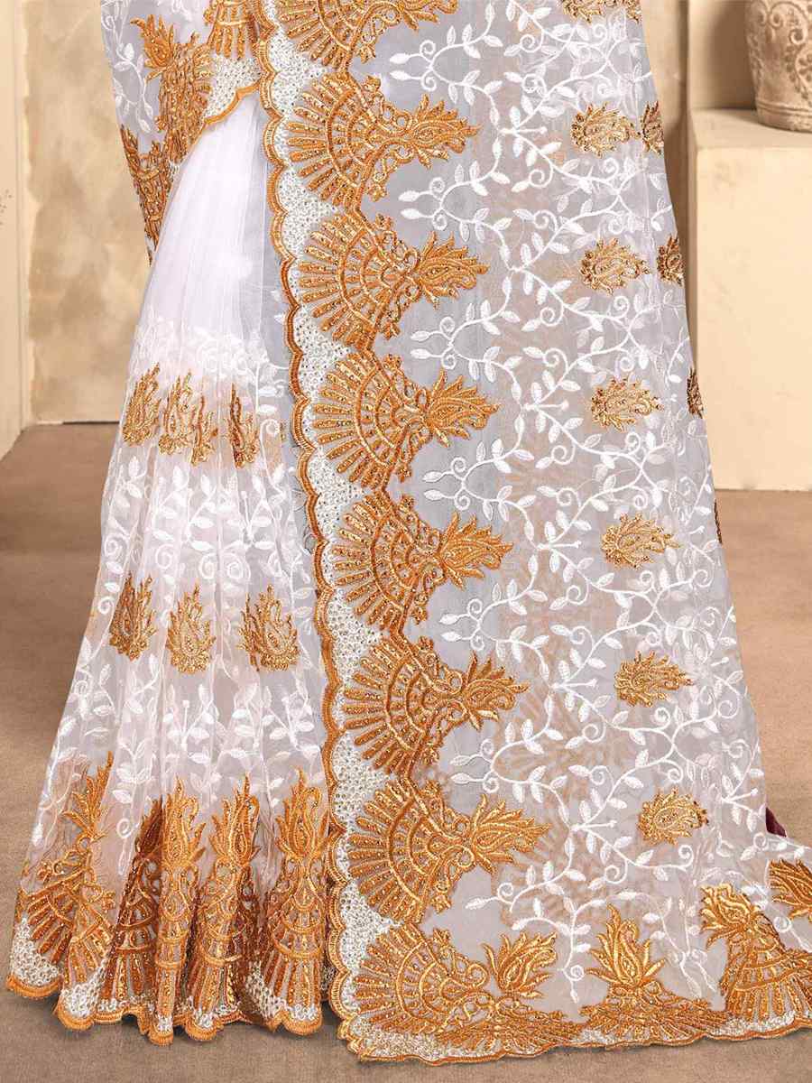 White Net Embroidery Party Wedding Heavy Border Saree