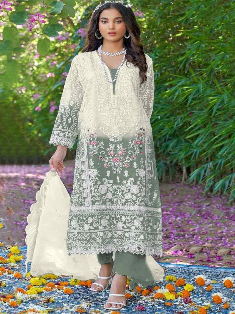 White Organza Embroidered Festival Casual Pant Salwar Kameez