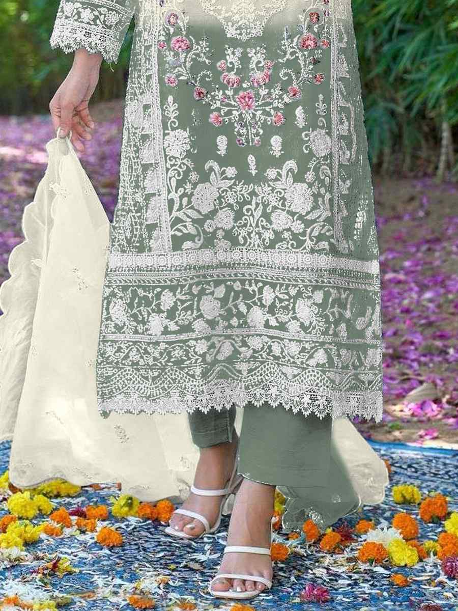 White Organza Embroidered Festival Casual Pant Salwar Kameez