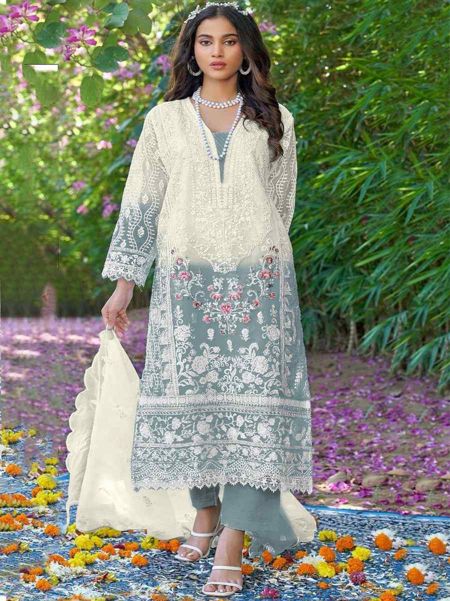 White Organza Embroidered Festival Casual Pant Salwar Kameez