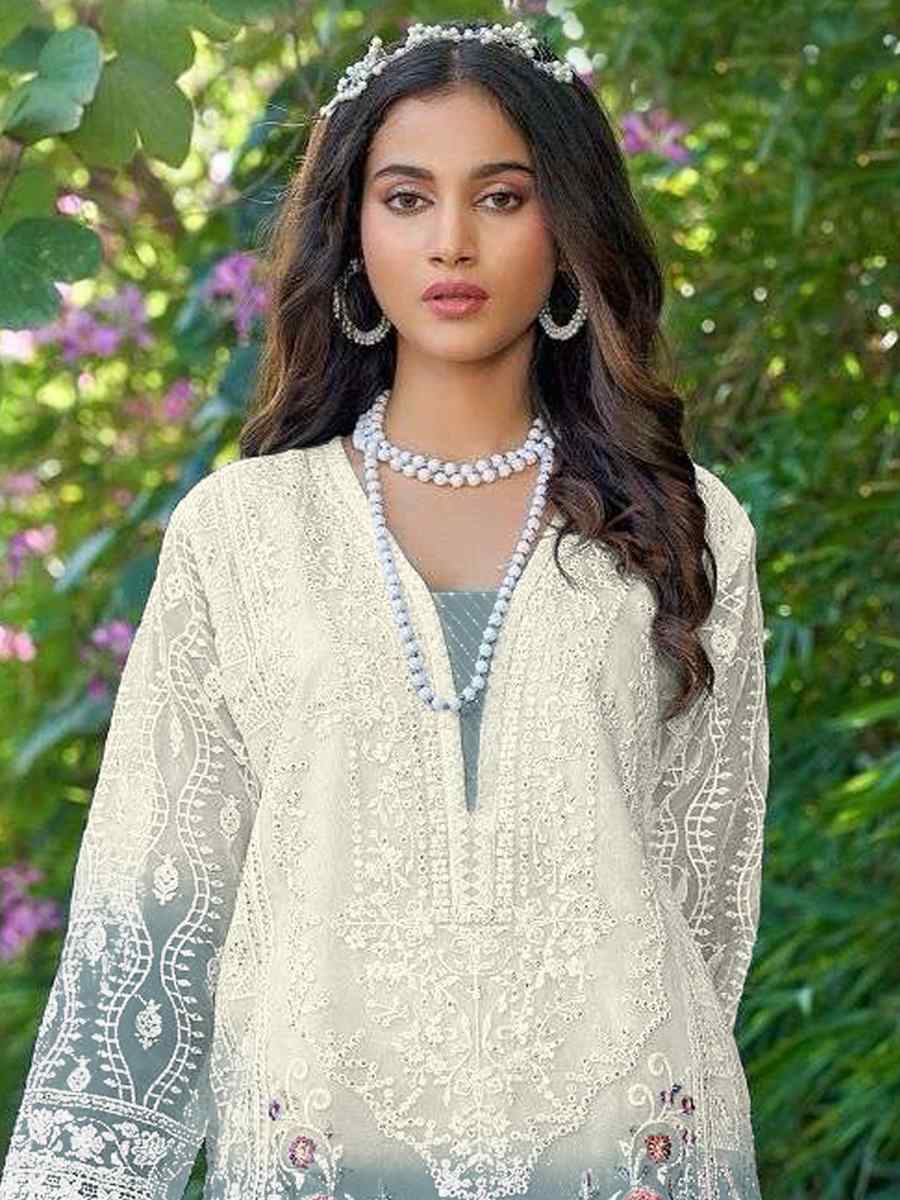 White Organza Embroidered Festival Casual Pant Salwar Kameez