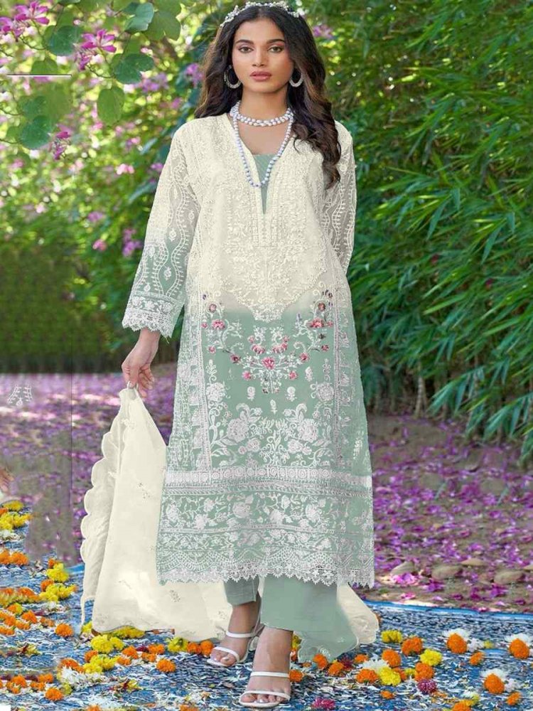 White Organza Embroidered Festival Casual Pant Salwar Kameez