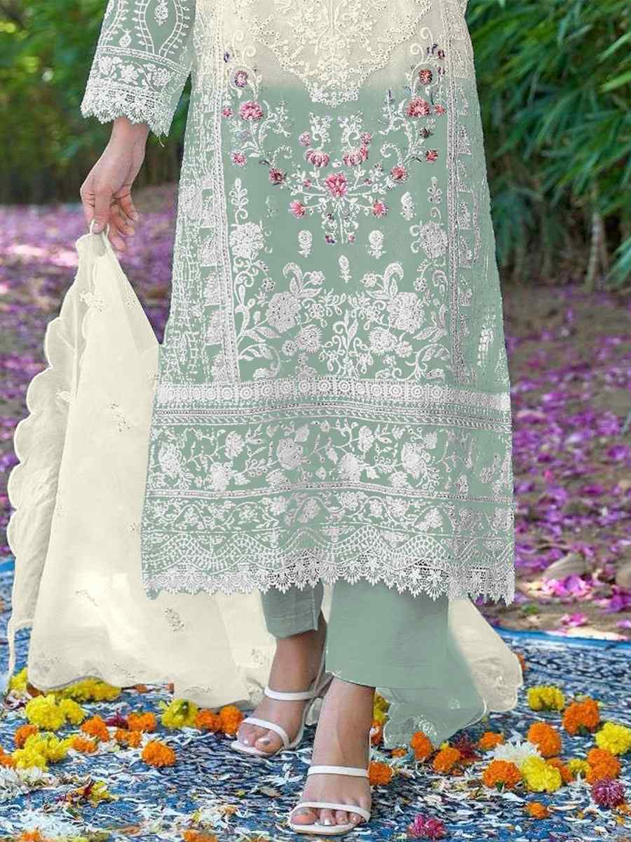 White Organza Embroidered Festival Casual Pant Salwar Kameez