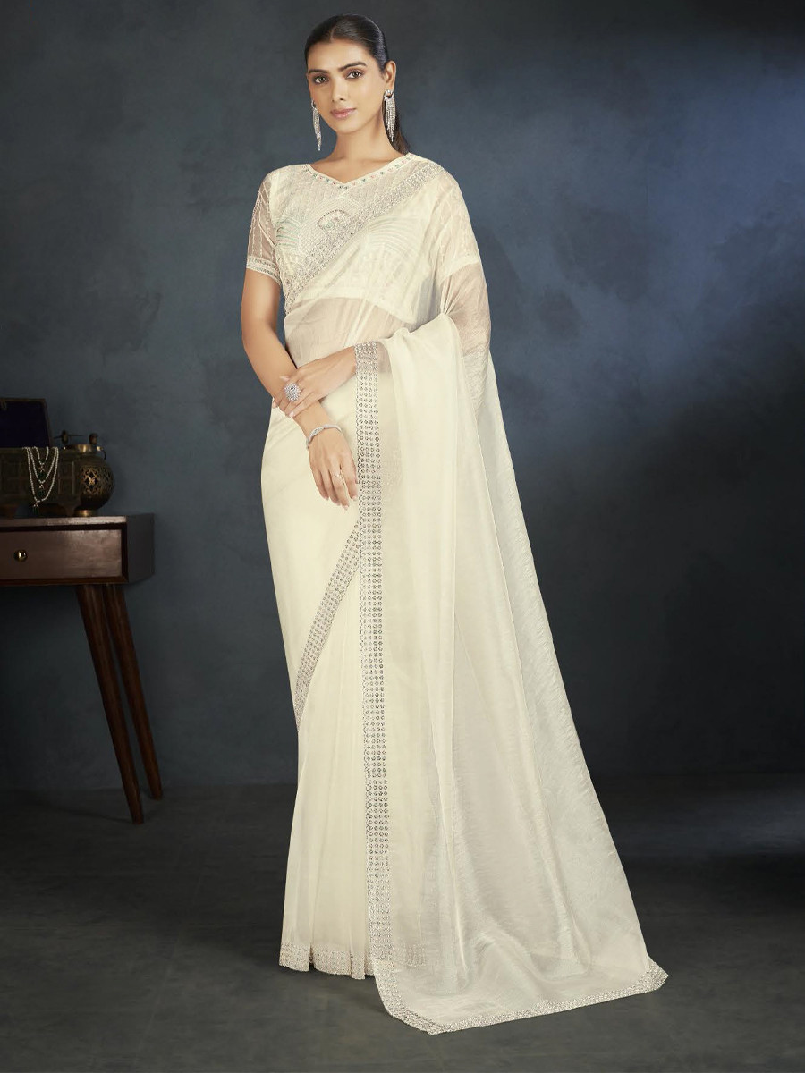 White Organza Handwoven Festival Wedding Heavy Border Saree