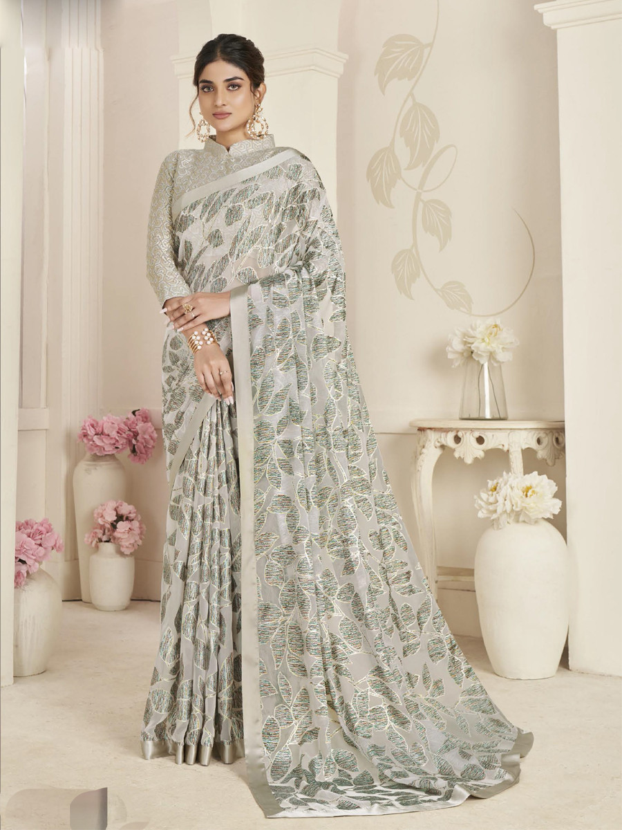 White Organza Printed Festival Casual Contemporary Saree