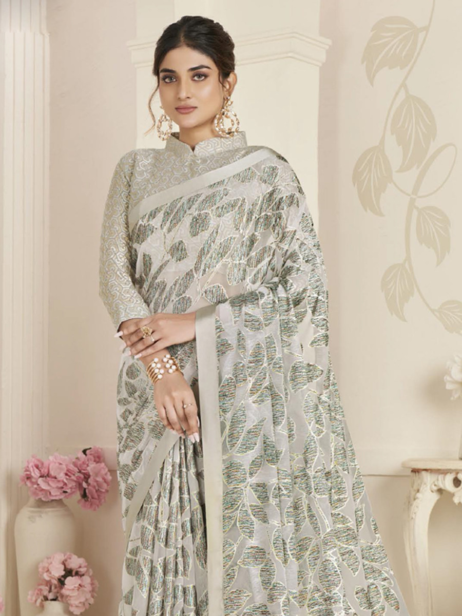 White Organza Printed Festival Casual Contemporary Saree