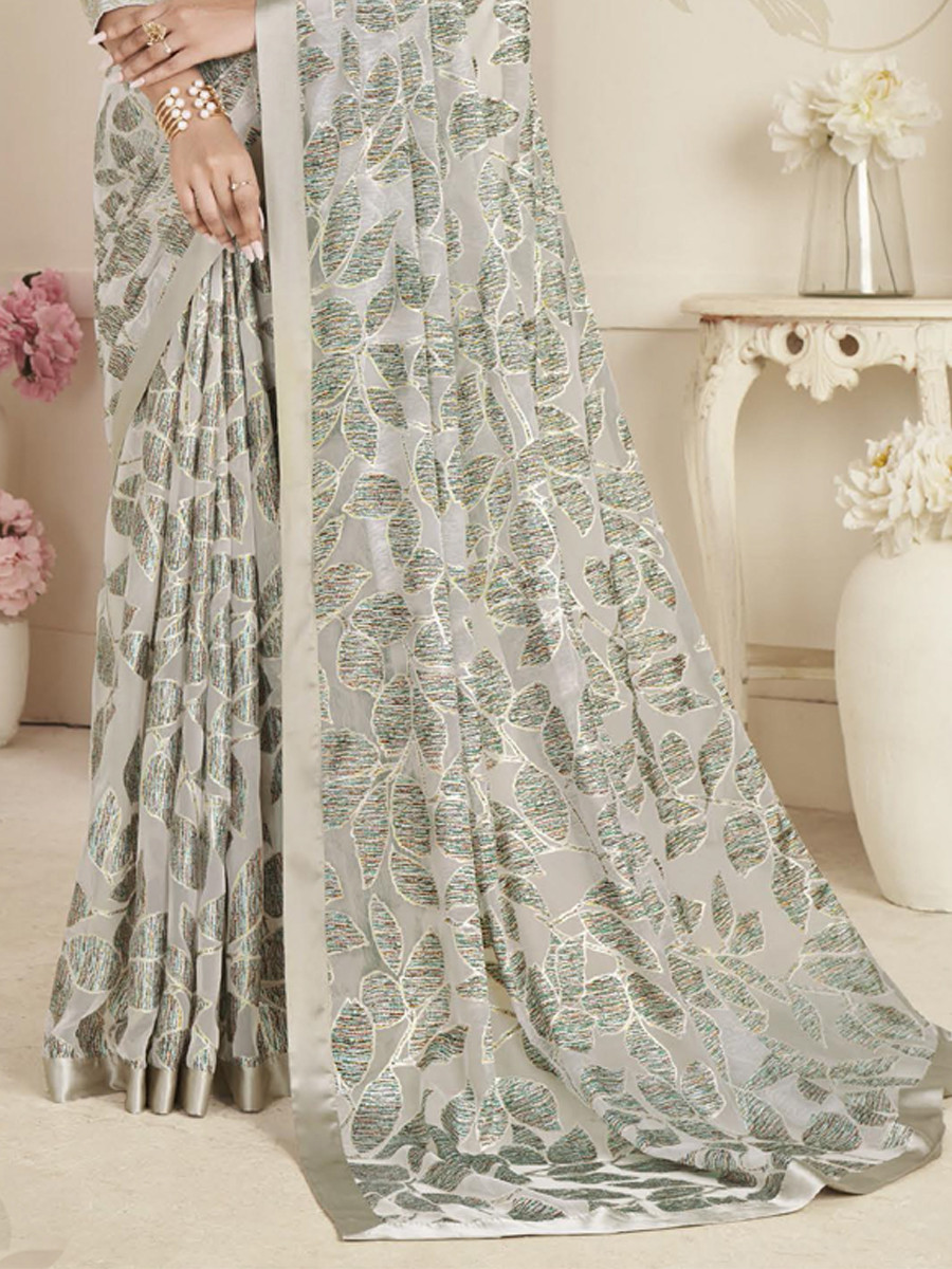 White Organza Printed Festival Casual Contemporary Saree